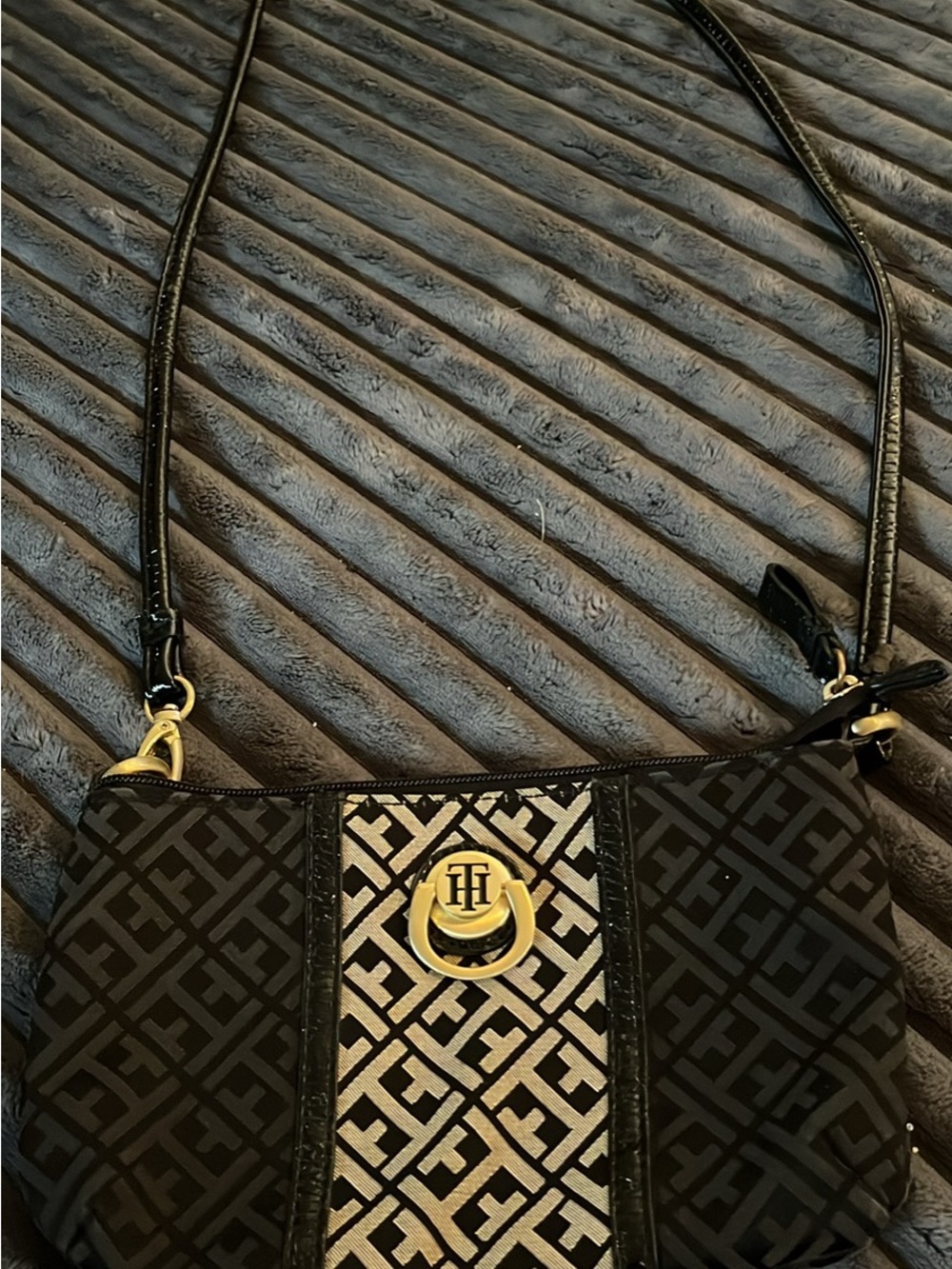 Tommy Hilfiger Black Logo Jacquard Crossbody with Gold Accent